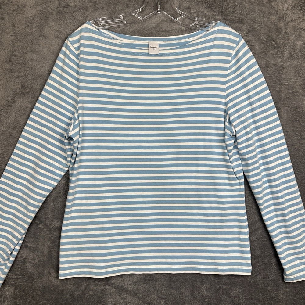 Garnet Hill Top Shirt Large Blue White Stripe Pima Cotton Boatneck Long Sleeve - Picture 2 of 10